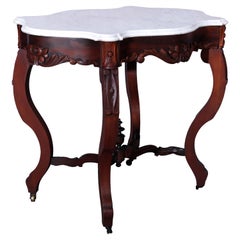 Ancienne table de salon rococo sculptée en noyer et marbre avec plateau en forme de tortue, circa 1880