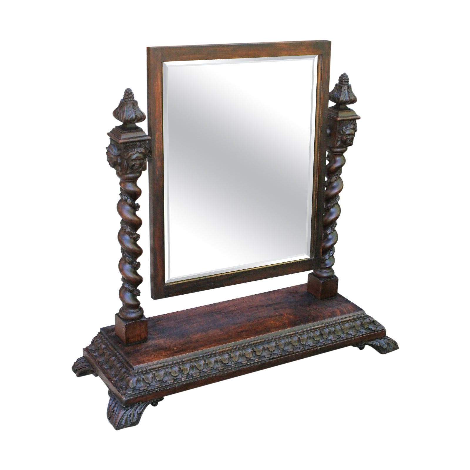 Antique English Barley Twist Mirror Gothic Oak Tilting Dresser Vanity Mirror