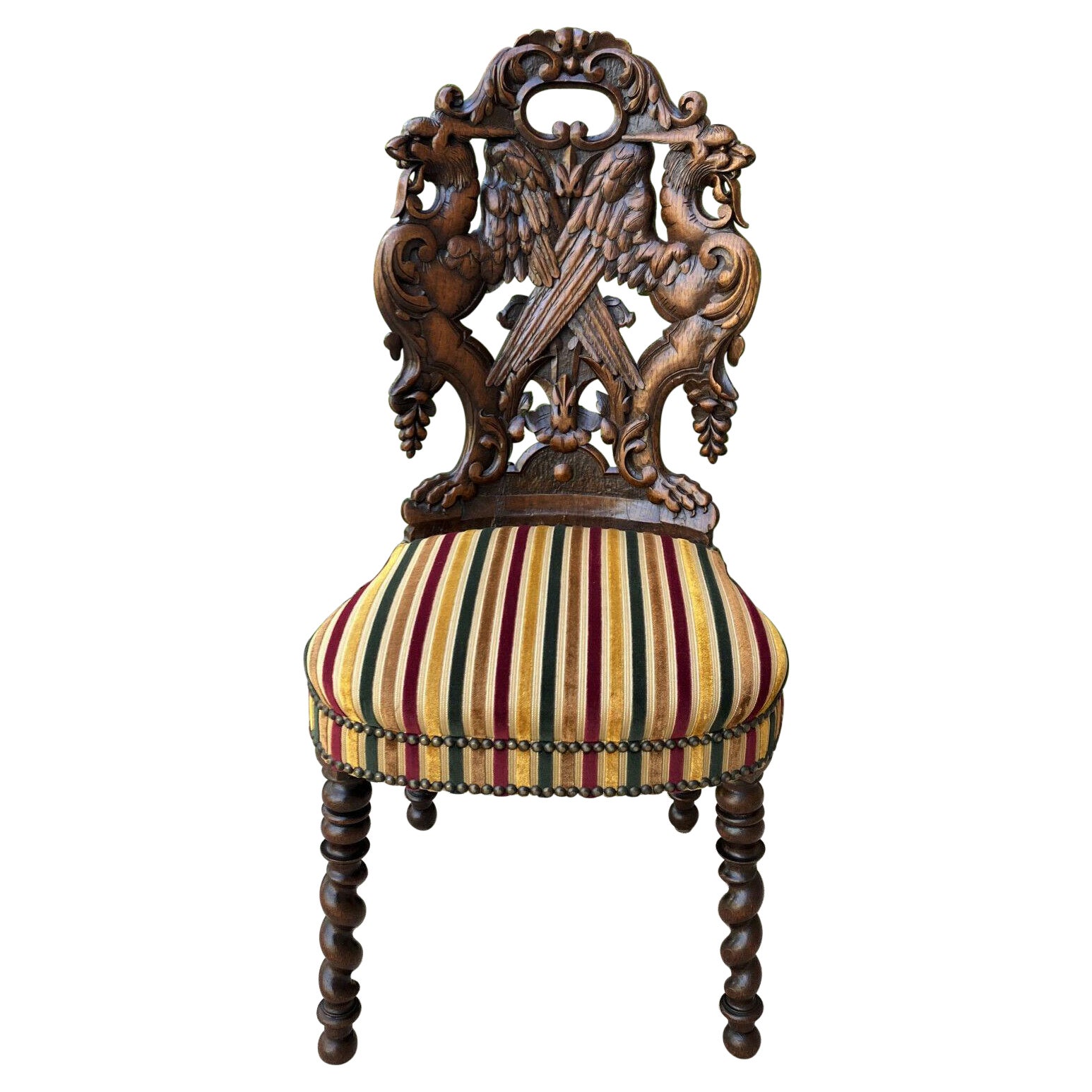 Antique French Chair Barley Twist Black Forest Carved Oak Upholstered 19th C