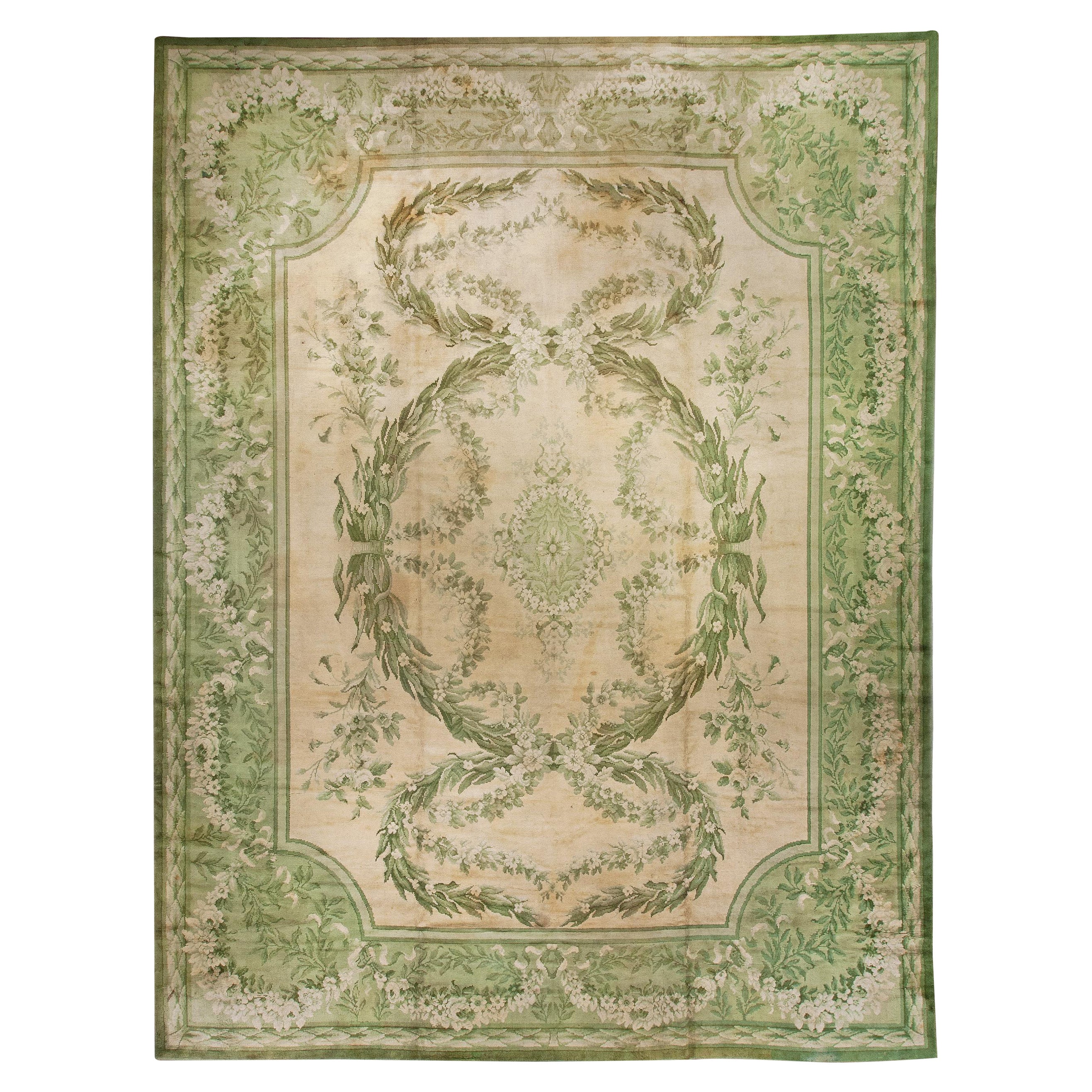 Vintage Irish Donegal Botanic Green Handmade Rug For Sale