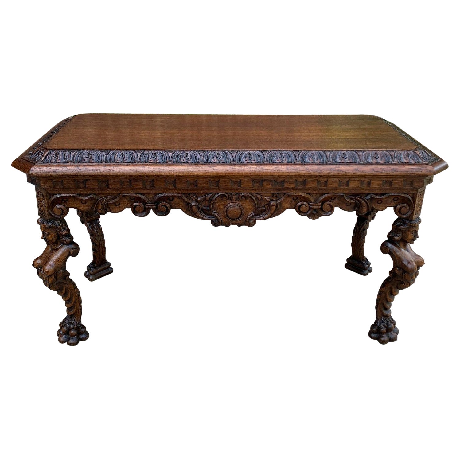 Antique French Coffee Table Paw Feet Renaissance Revival Bench Window Seat Oak For Sale