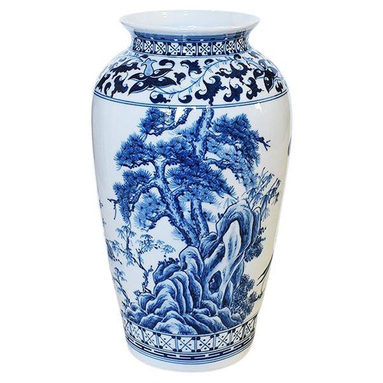 Ceramic Blue and White Chinoiserie Tall Vase