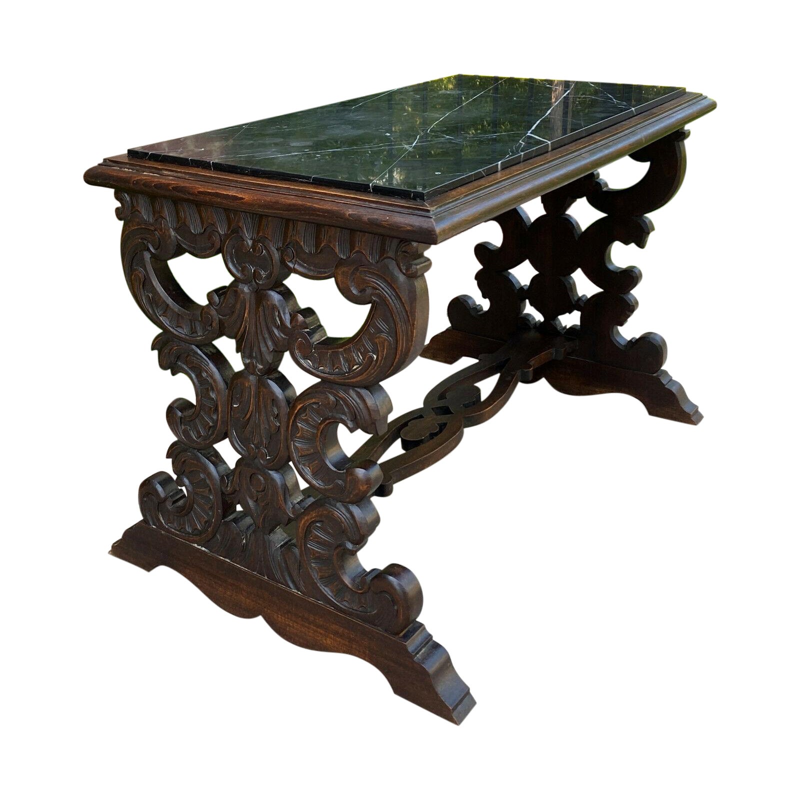 Antique French Renaissance Revival Table à café Banc Canapé Dessus Marbre Oak