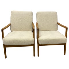 France and Daverkosen Teak Armchairs, Mid-Century Modern in Sherpa Style Fabric