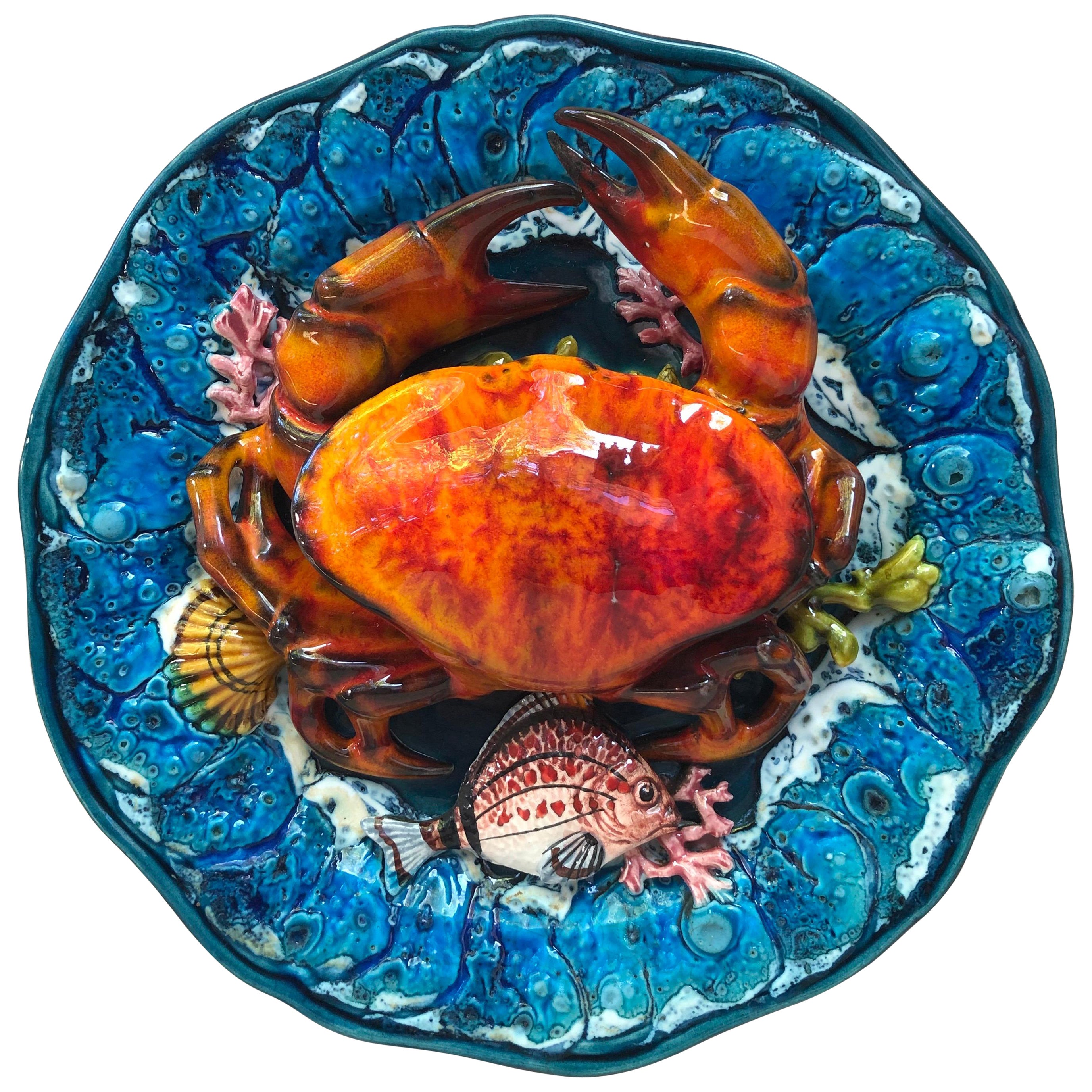 Large Majolica Palissy Crab Wall Platter Vallauris, circa 1950 For Sale