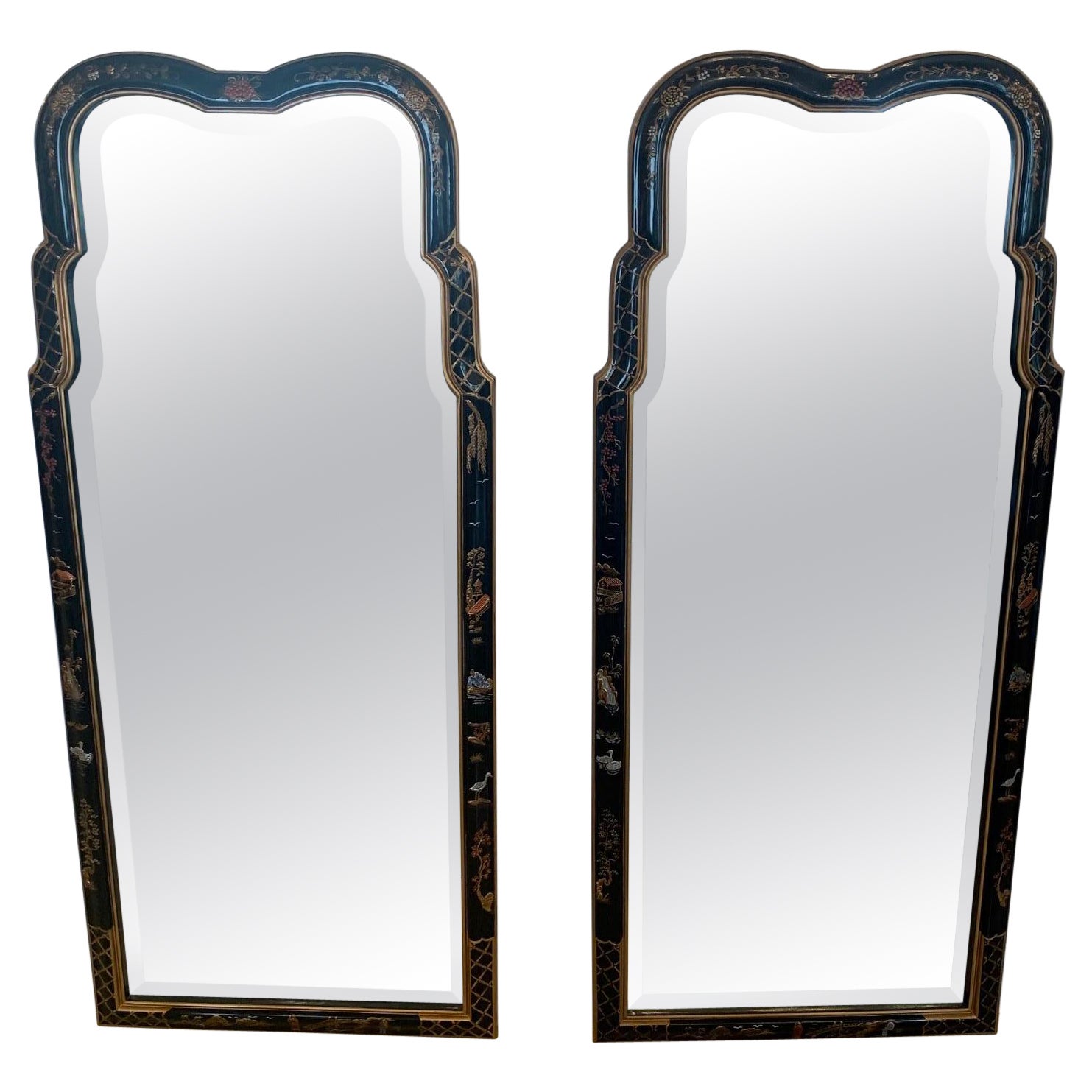 Pair of Elegant Chinoiserie Laquered Hand Painted Mirrors For Sale