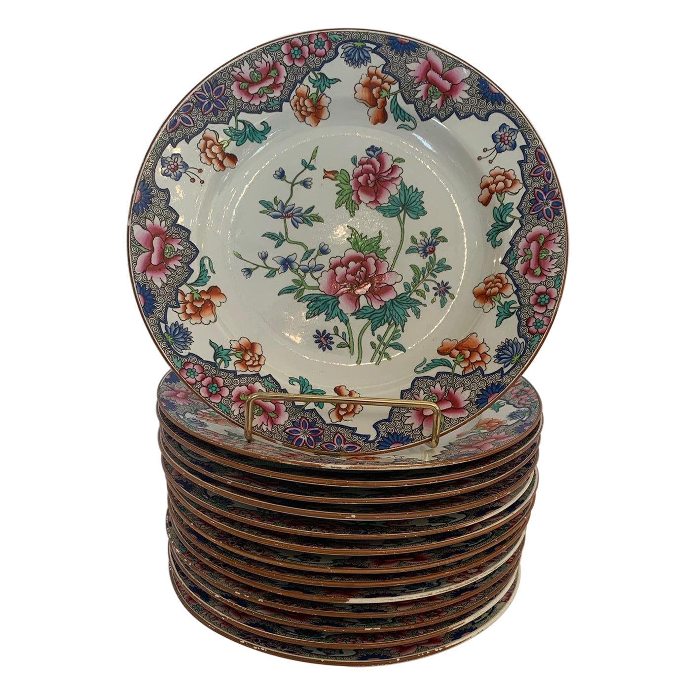 Beautiful Set of 14 Antique English Spode Round Plates For Sale