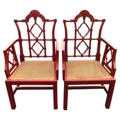 Chinese Chippendale Faux Bamboo Chairs in Red
