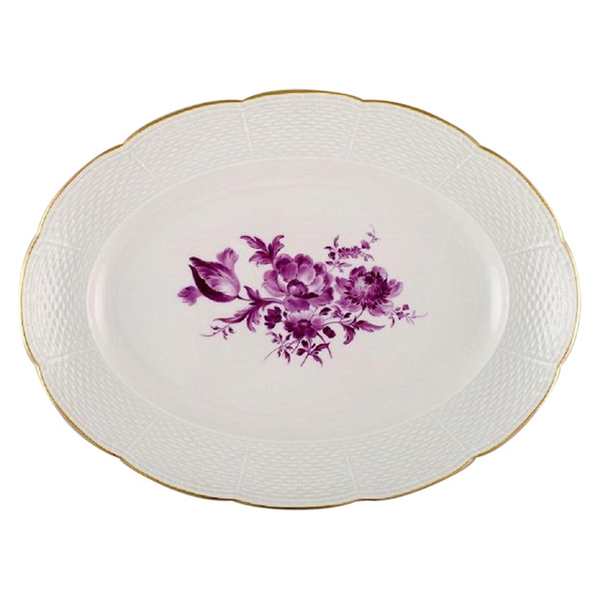 Antique Oval Meissen Serving Dish in Hand Painted Porcelain with Purple Flowers