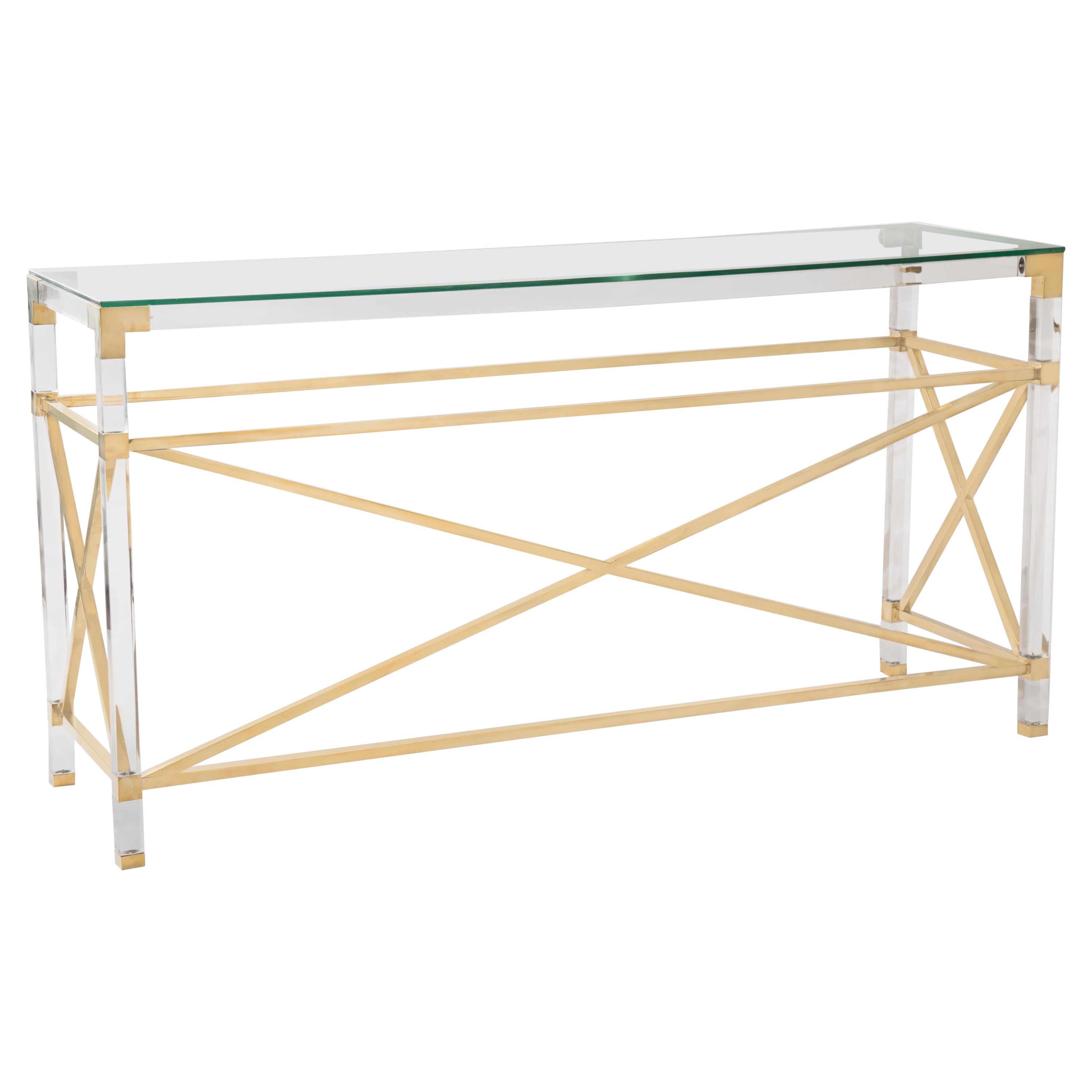 Elegant Timeless Brass and Plexiglass/ Acrylic Console with Glass Top