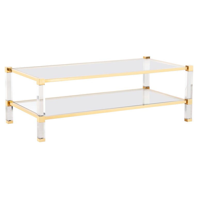 Timeless Brass and Plexiglass/ Acrylic Coffee Table with Glass Top and Shelf, Small For Sale at