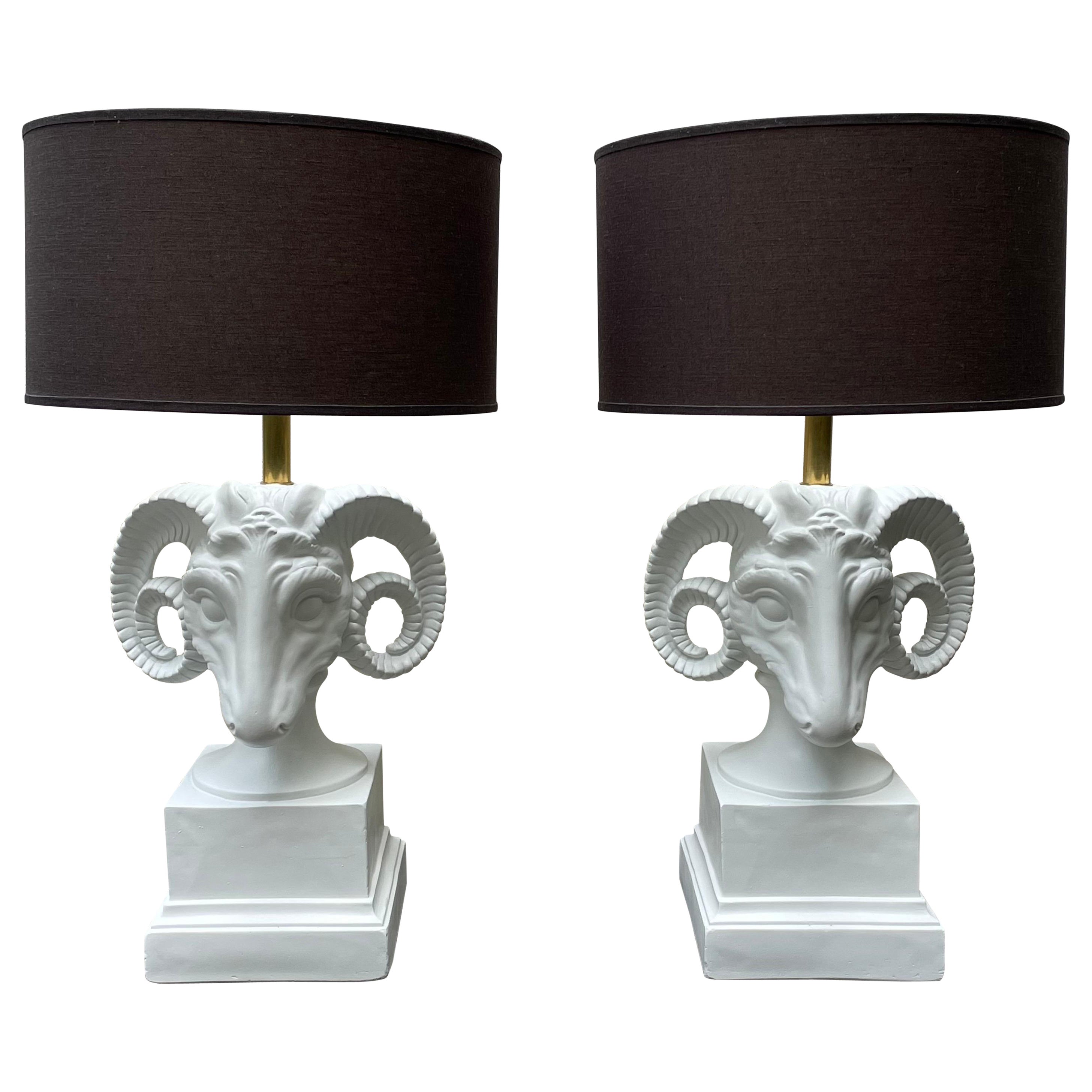 Pair of Hollywood Regency White Rams Head Table Lamps For Sale