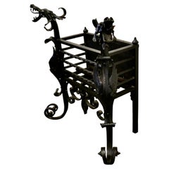 Antique Gothic Style Free Standing Tall Fire Basket, Grate for Inglenook 