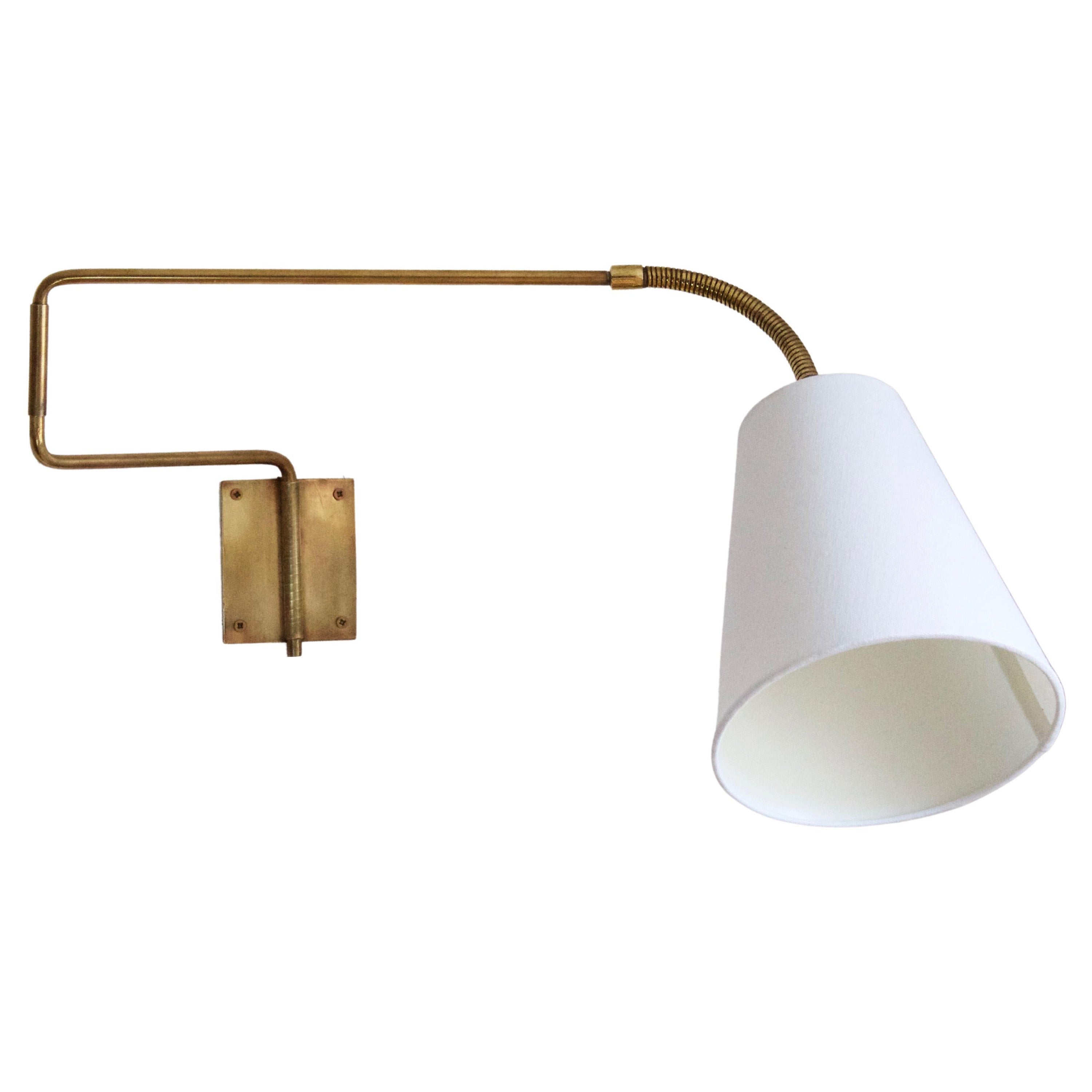 Swedish Designer, Adjustable Wall Light, Brass, Fabric, Sweden, 1940s