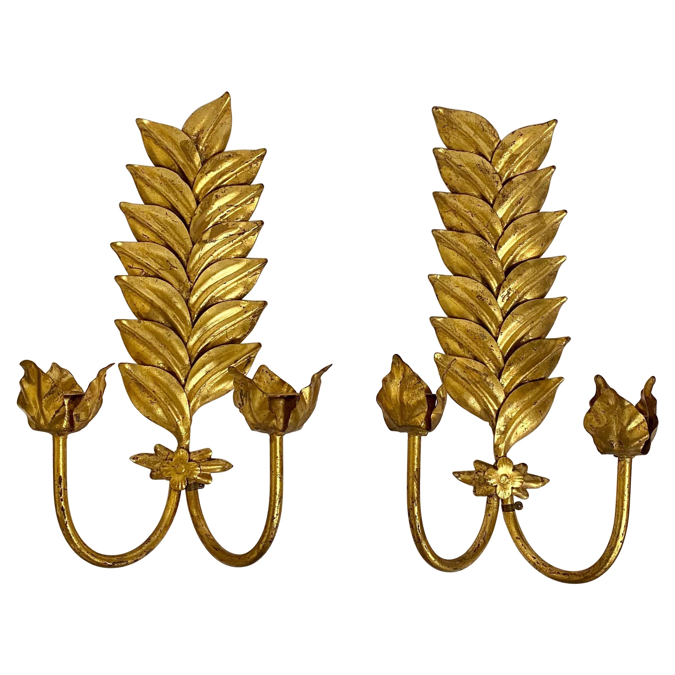 Italian Hollywood Regency Tole Gilt Metal Laurel Leaf Candle Wall Sconces, Pair