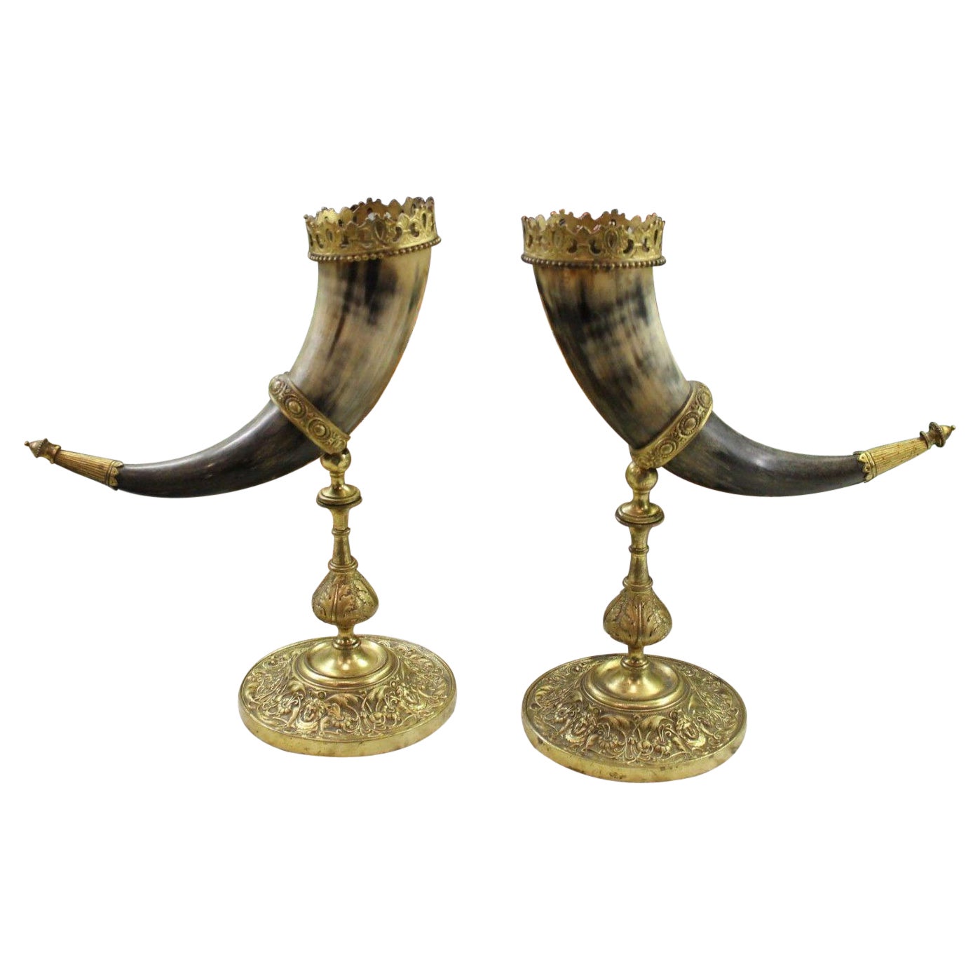 Antique French Pair Trophy Drinking Horns Hunt Epergne Renaissance Brass Statue