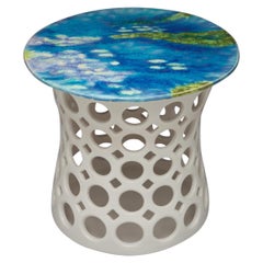 Pierced Ceramic Side Table with Lily Pad Motif- Blue Lavender