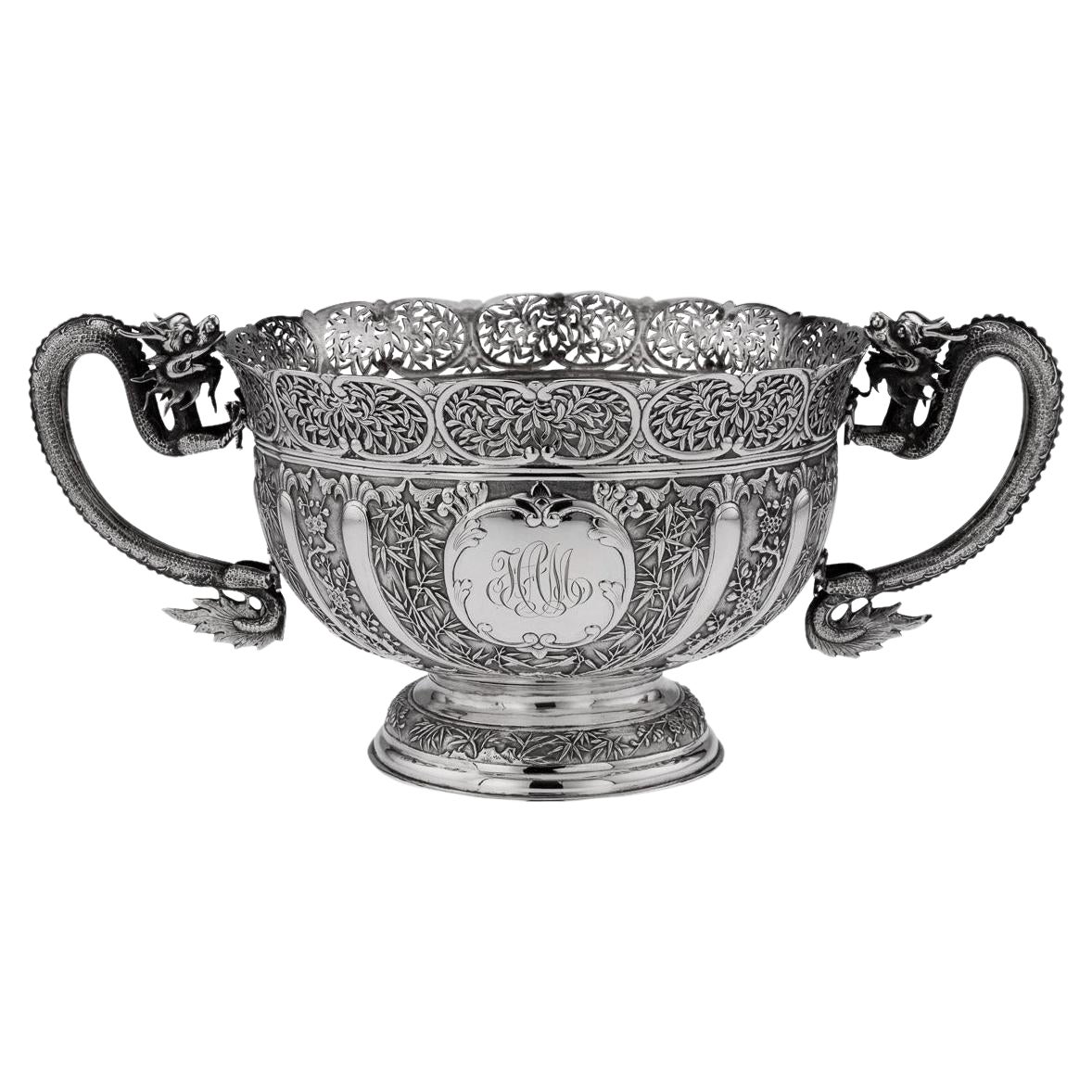 19th Century Chinese Export Solid Silver Dragon Bowl, Luen Wo, c.1890