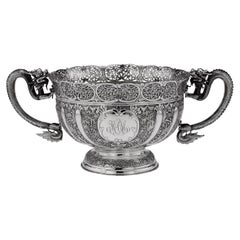 Cuenco de dragón de plata maciza de exportación china del siglo XIX, Luen Wo, c.1890