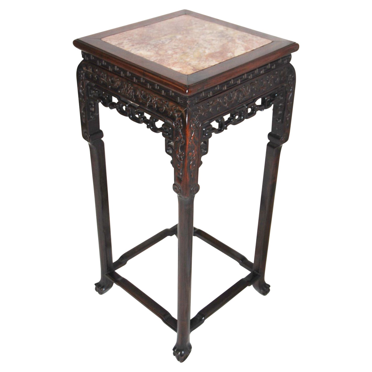 Chinese Qing Dynasty 19th Century Carved Hardwood with Marble Inset Stand