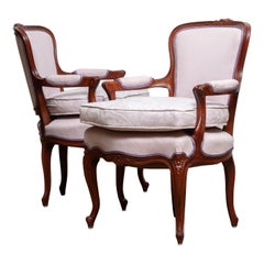 Vintage 1950s, Pair of Pink Swedish Rococo Bergères in the Shabby Chic Technique Chairs