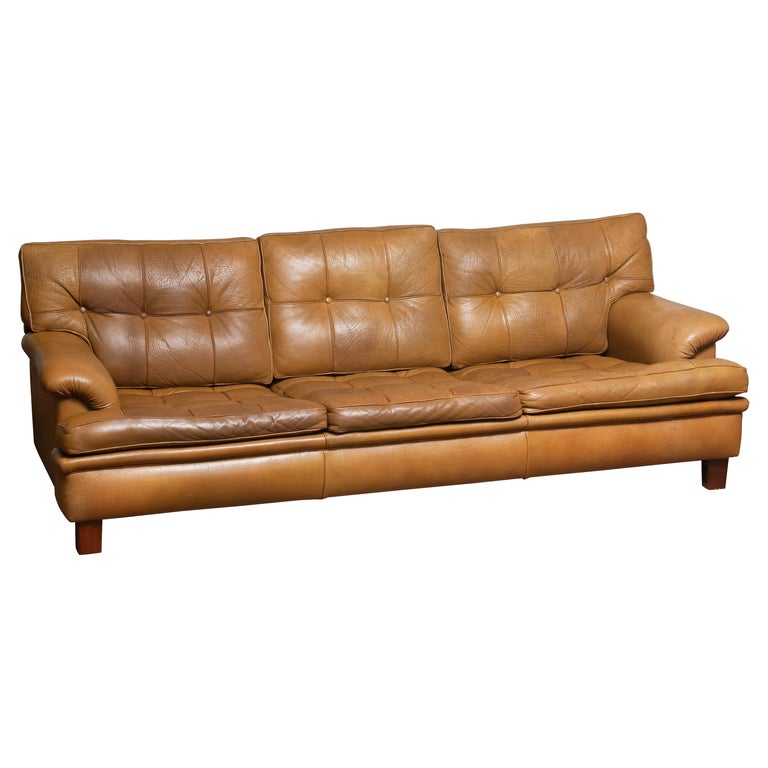 1960s Quilted Camel Buffalo Leather "Mexico" Sofa by Arne Norell A.B