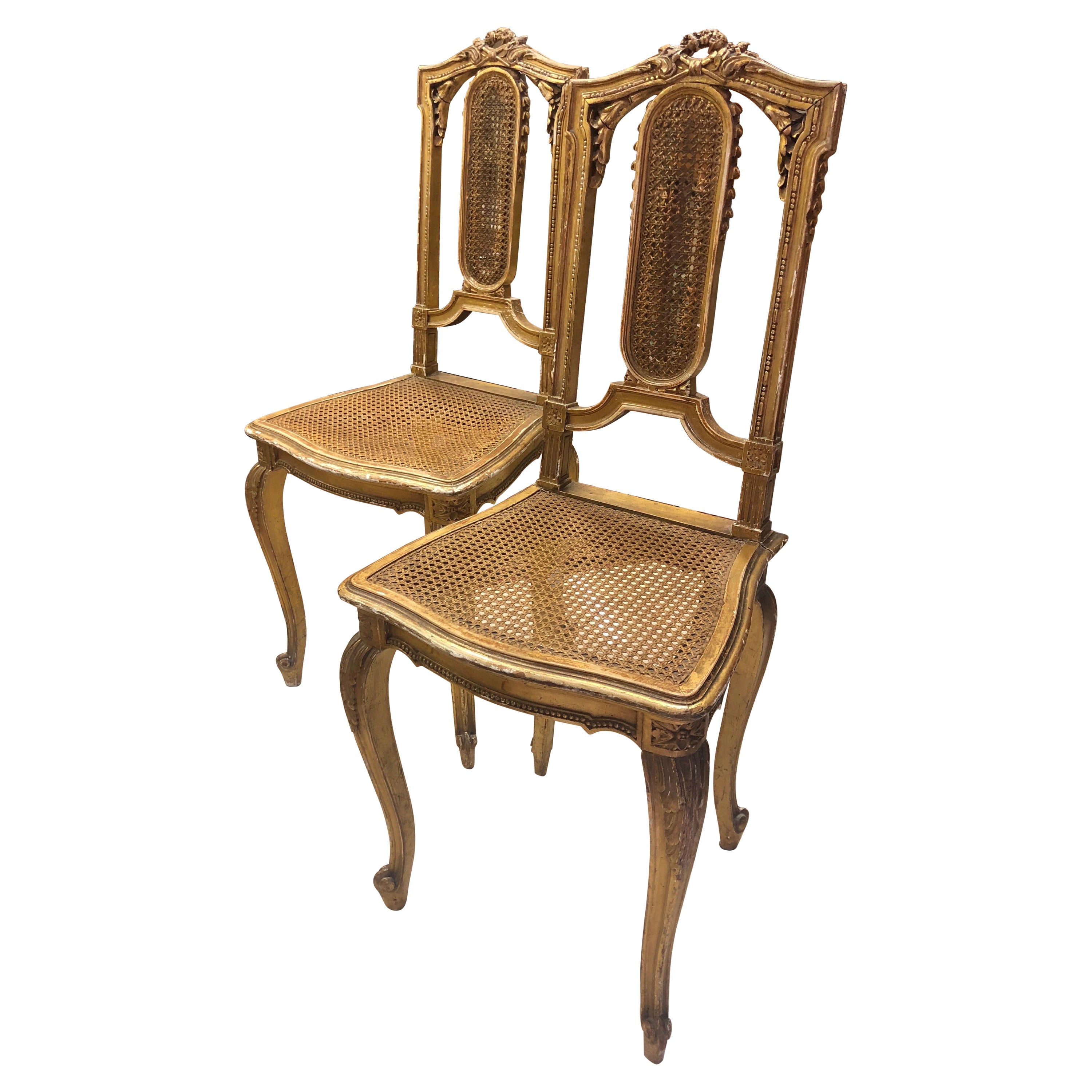 Französische Beistellstühle aus vergoldetem Holz aus dem 19. Jahrhundert, dekoriert im Louis-XVI.-Stil