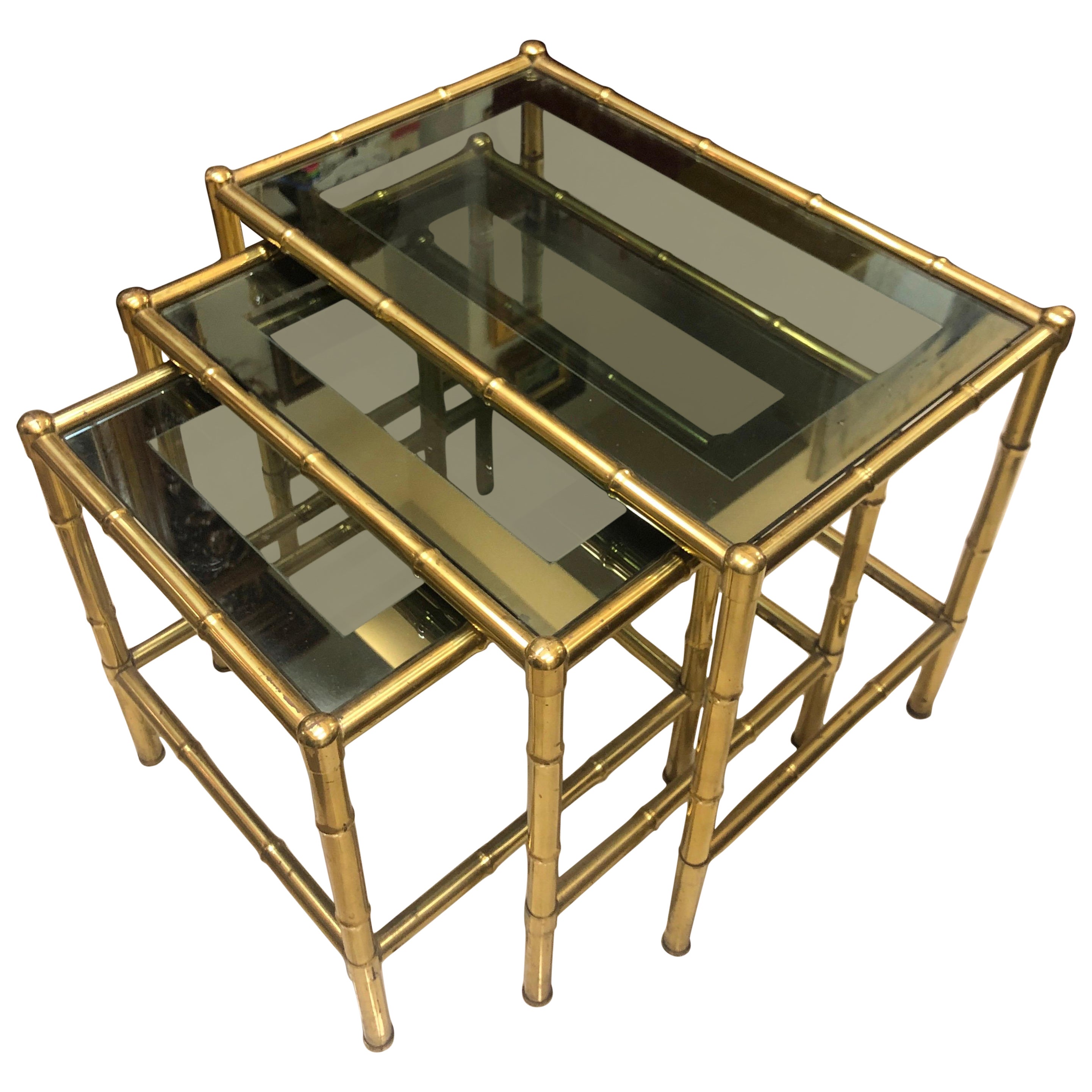 Midcentury French Set of Three Nesting Side Tables in Brass Bamboo Frames