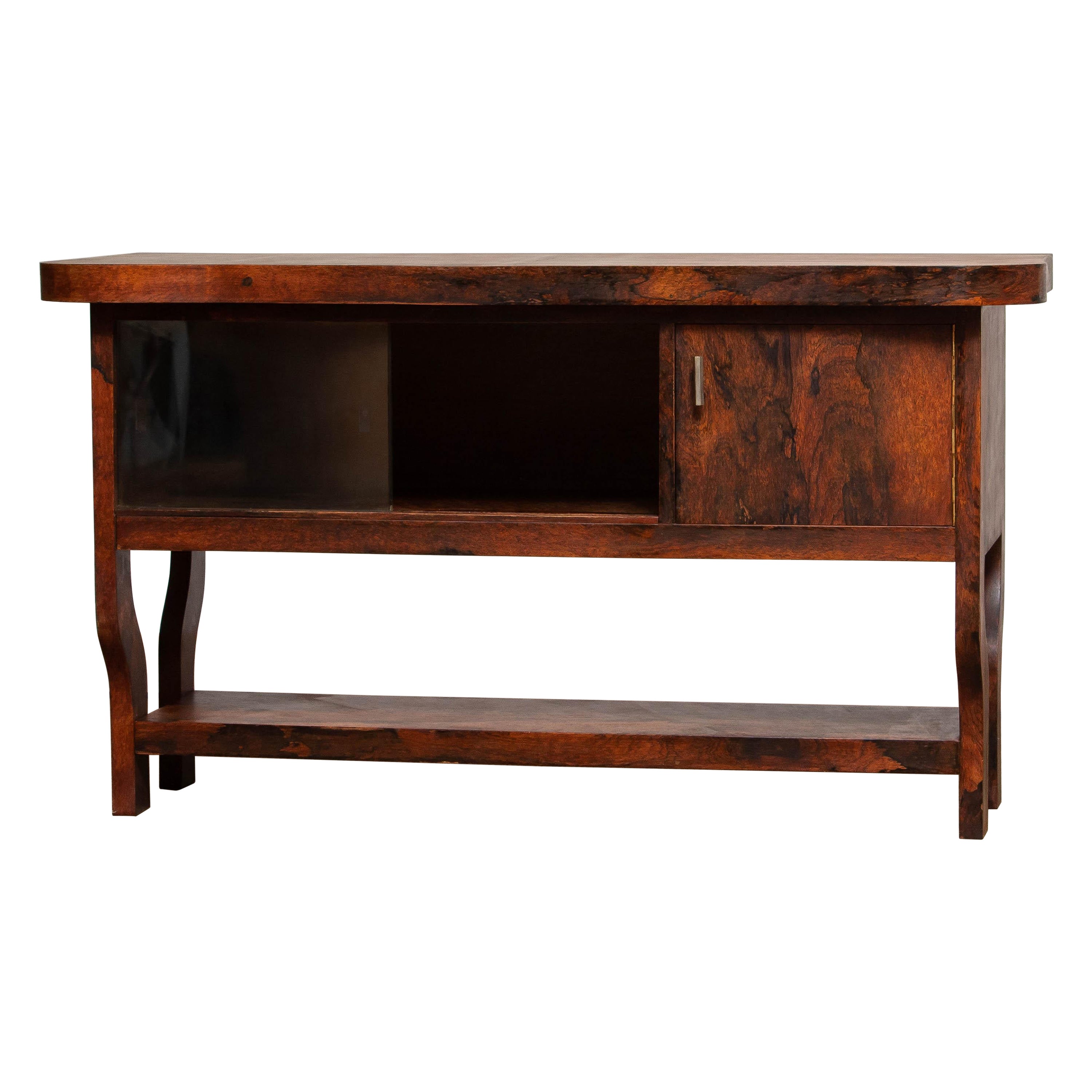 1920s Dutch Sideboard with Glass Sliding and Wooden Folding Doors in Burl Walnut For Sale