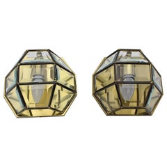 Adolf Loos Style Jugendstil Style Vintage Pair Brass Glass Sconces 1970s Austria