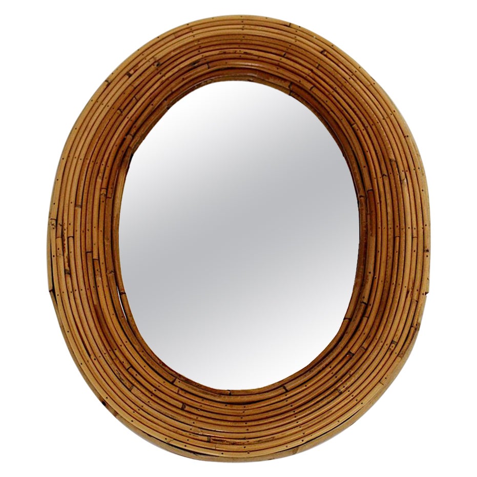 Riviera Style Organic Vintage Rattan Bamboo Oval Wall Mirror France, 1950s