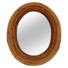 Riviera Style Organic Vintage Rattan Bamboo Oval Wall Mirror France, 1950s