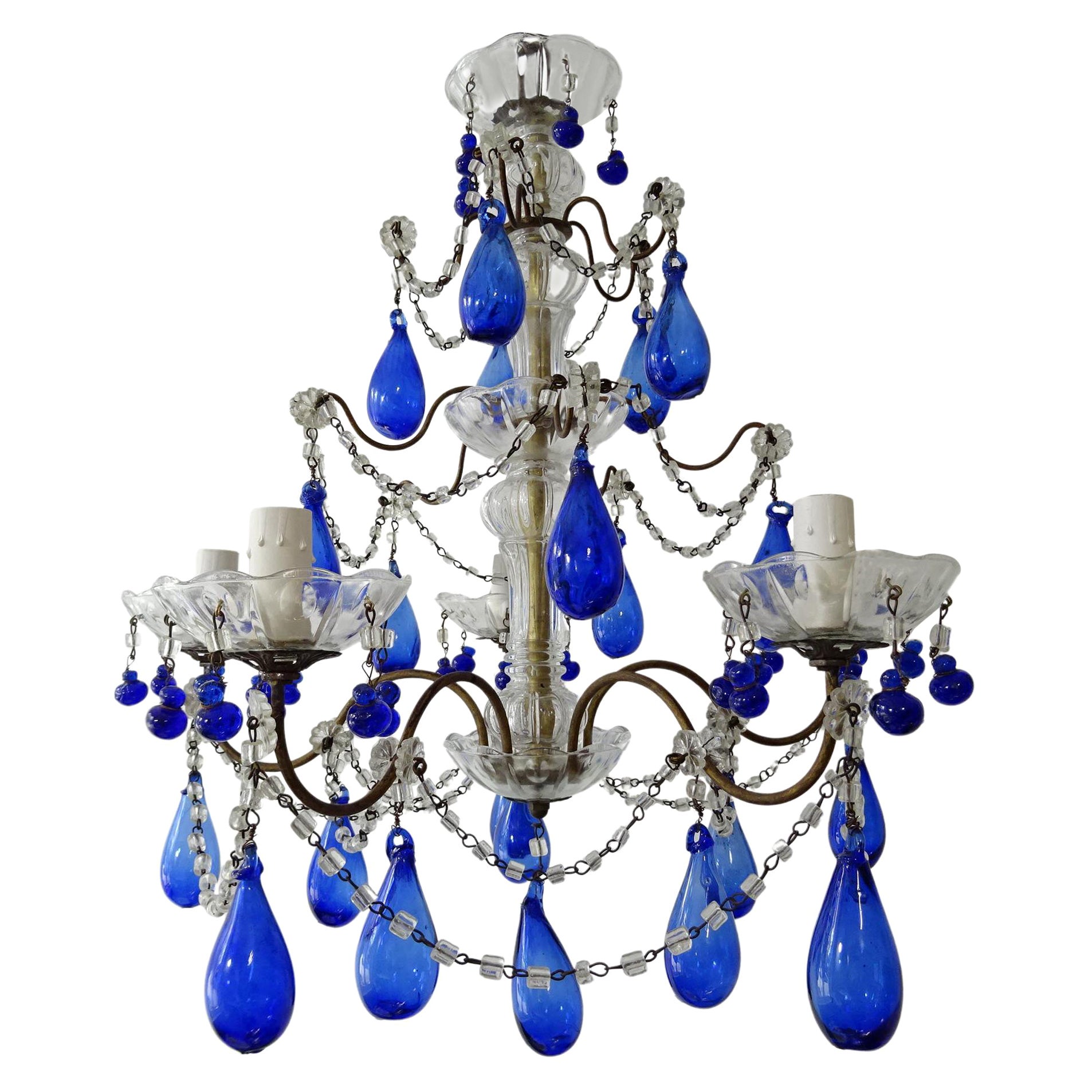 Italian Mouth Blown Cobalt Blue Murano Drops Crystal Swags Chandelier, c 1920