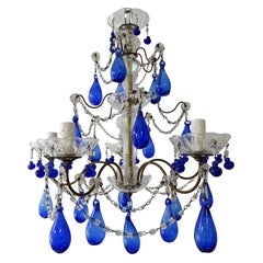 Italian Mouth Blown Cobalt Blue Murano Drops Crystal Swags Chandelier, c 1920