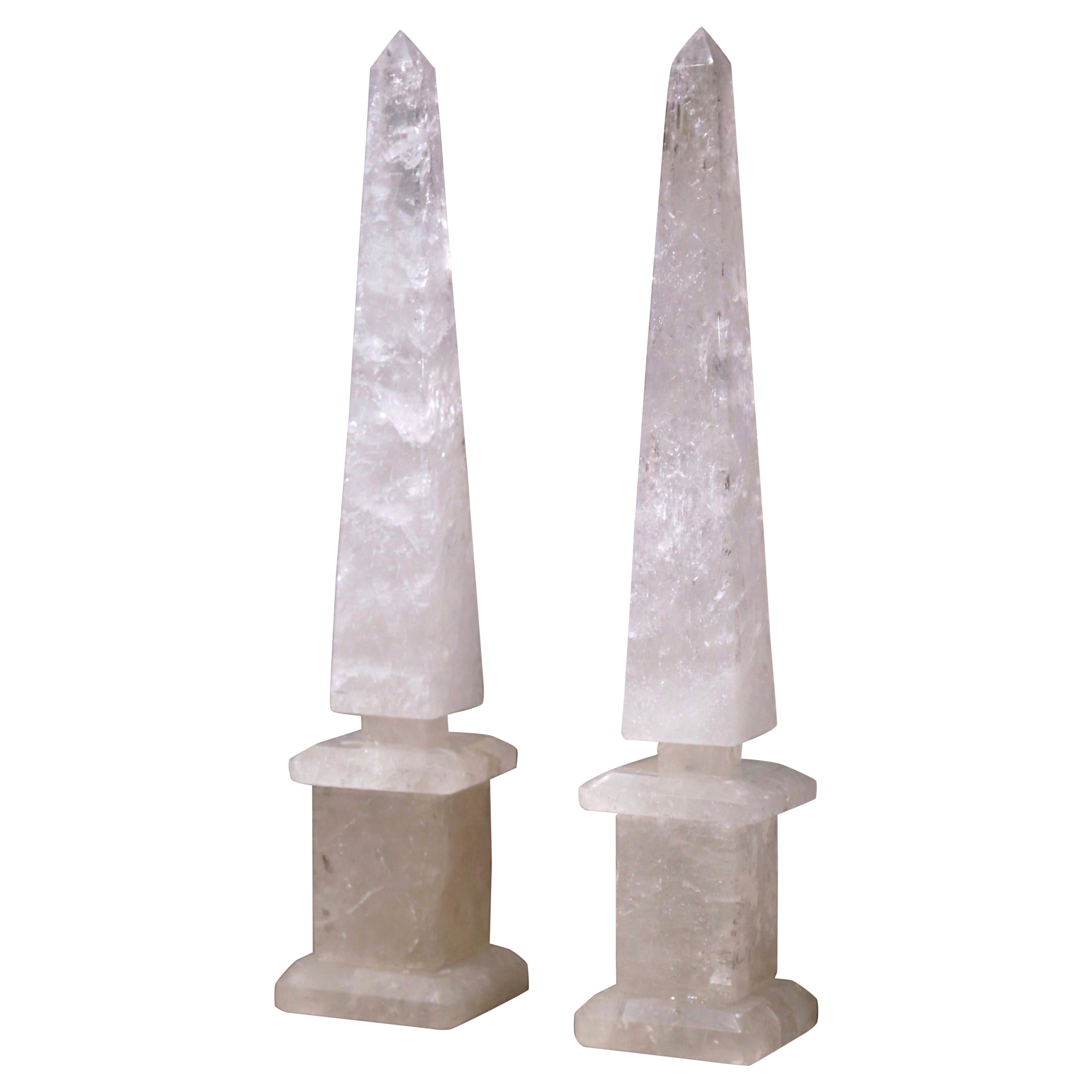 Pair of Brazilian Carved Empire Style Rock Crystal Obelisks Sculptures For Sale