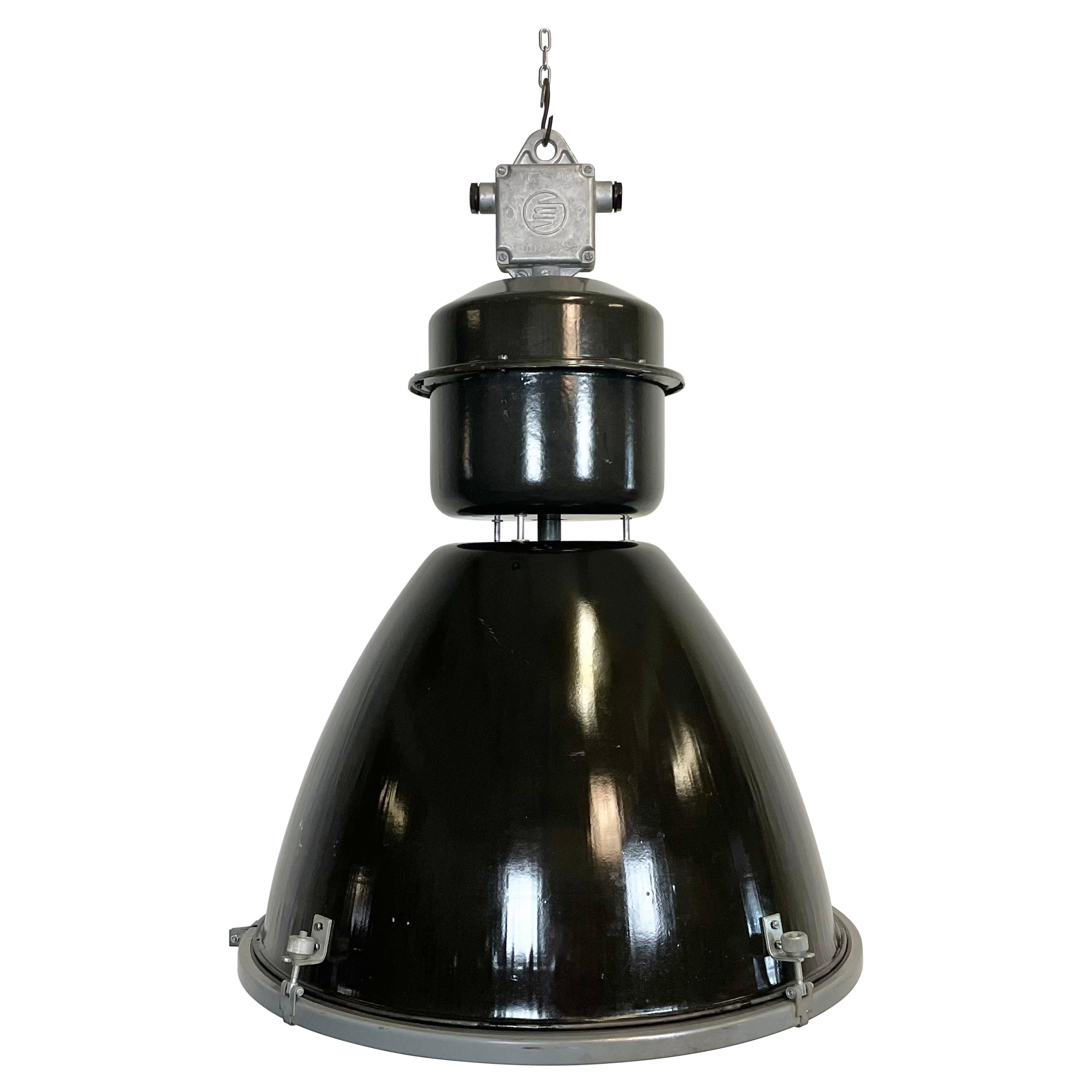 Large Black Enamel Industrial Lamp with Clear Glass Cover from Elektrosvit