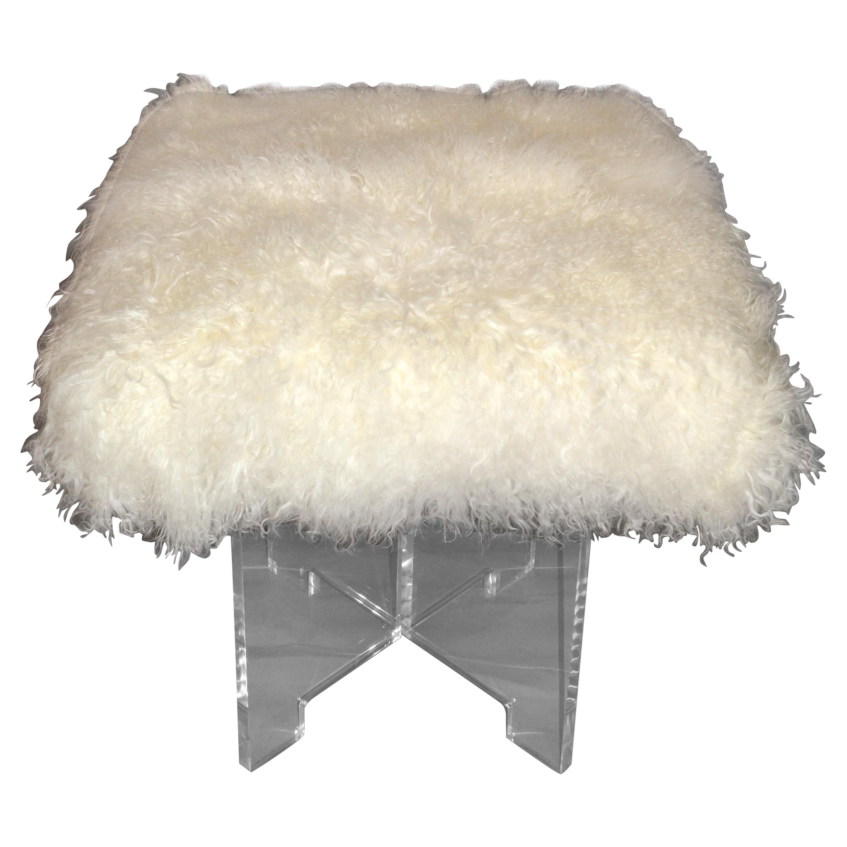 Tibetan Sheepskin & X- Base Lucite Stool, Ottoman, Bench Mid-Century Modern 1970