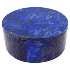 Round Blue Lapis Lazuli and Marble Stone Jewelry or Trinket Box with Lid