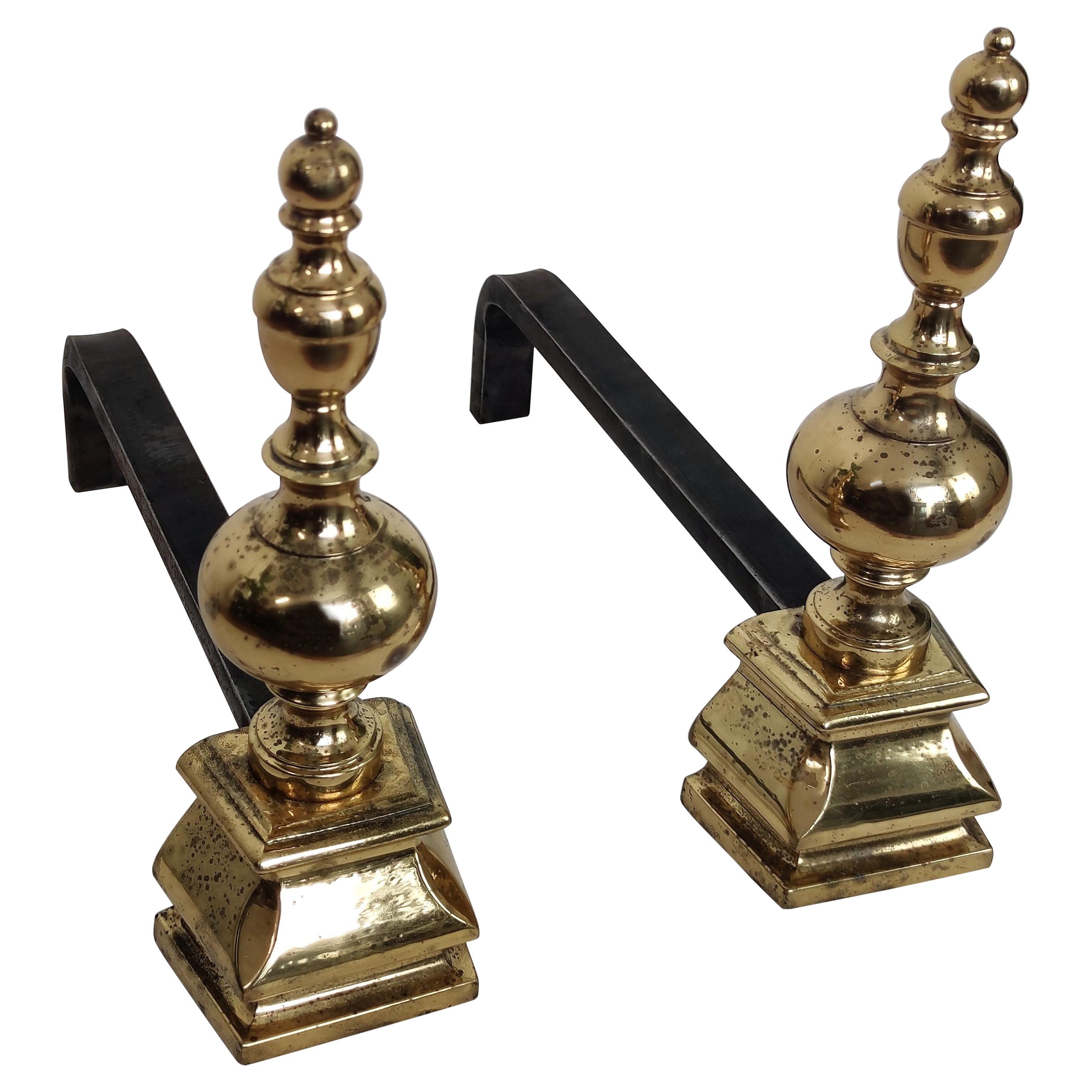 Midcentury Italian Brass and Wrought Iron Pair of Andirons For Sale