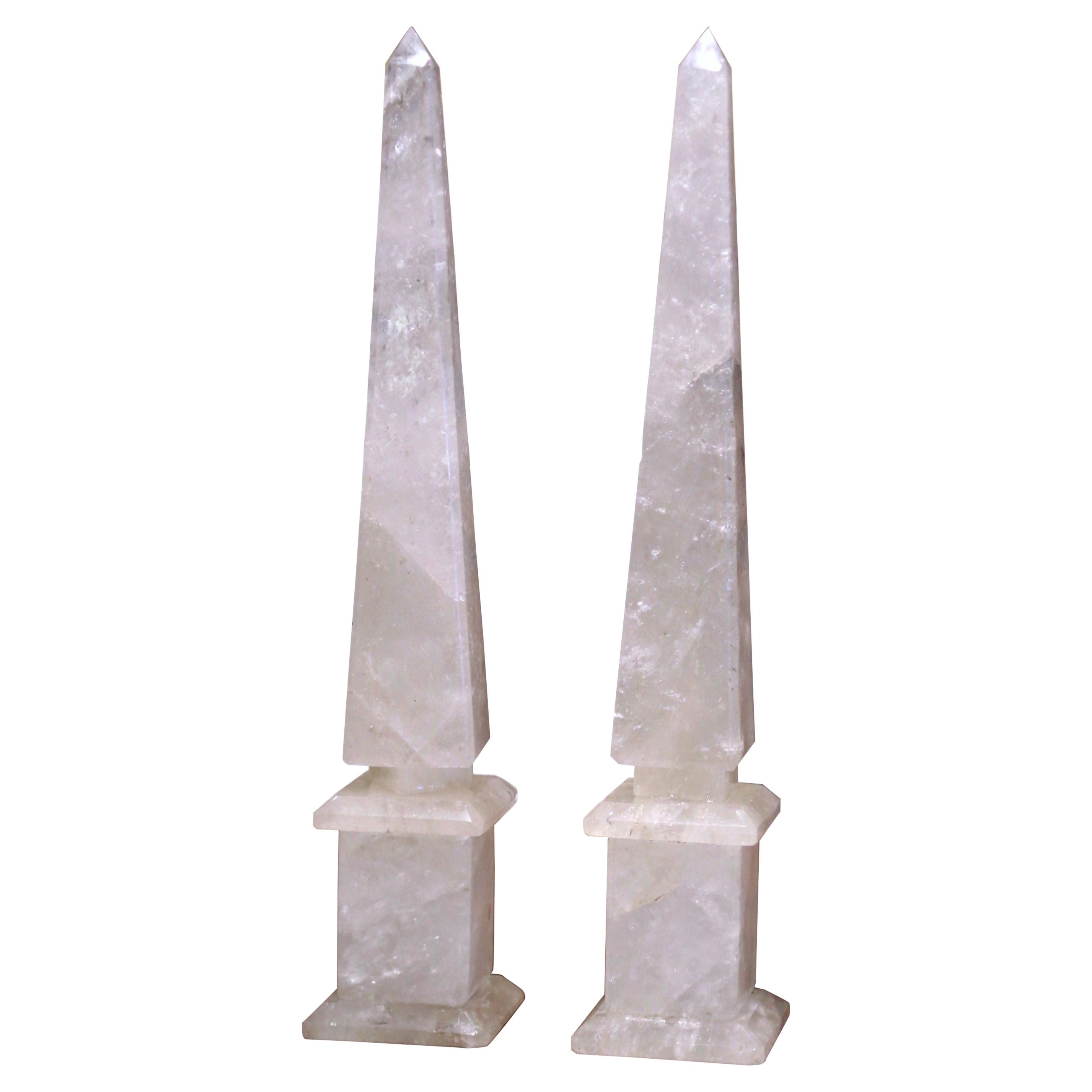 Pair of Brazilian Carved Empire Style Rock Crystal Obelisks Sculptures