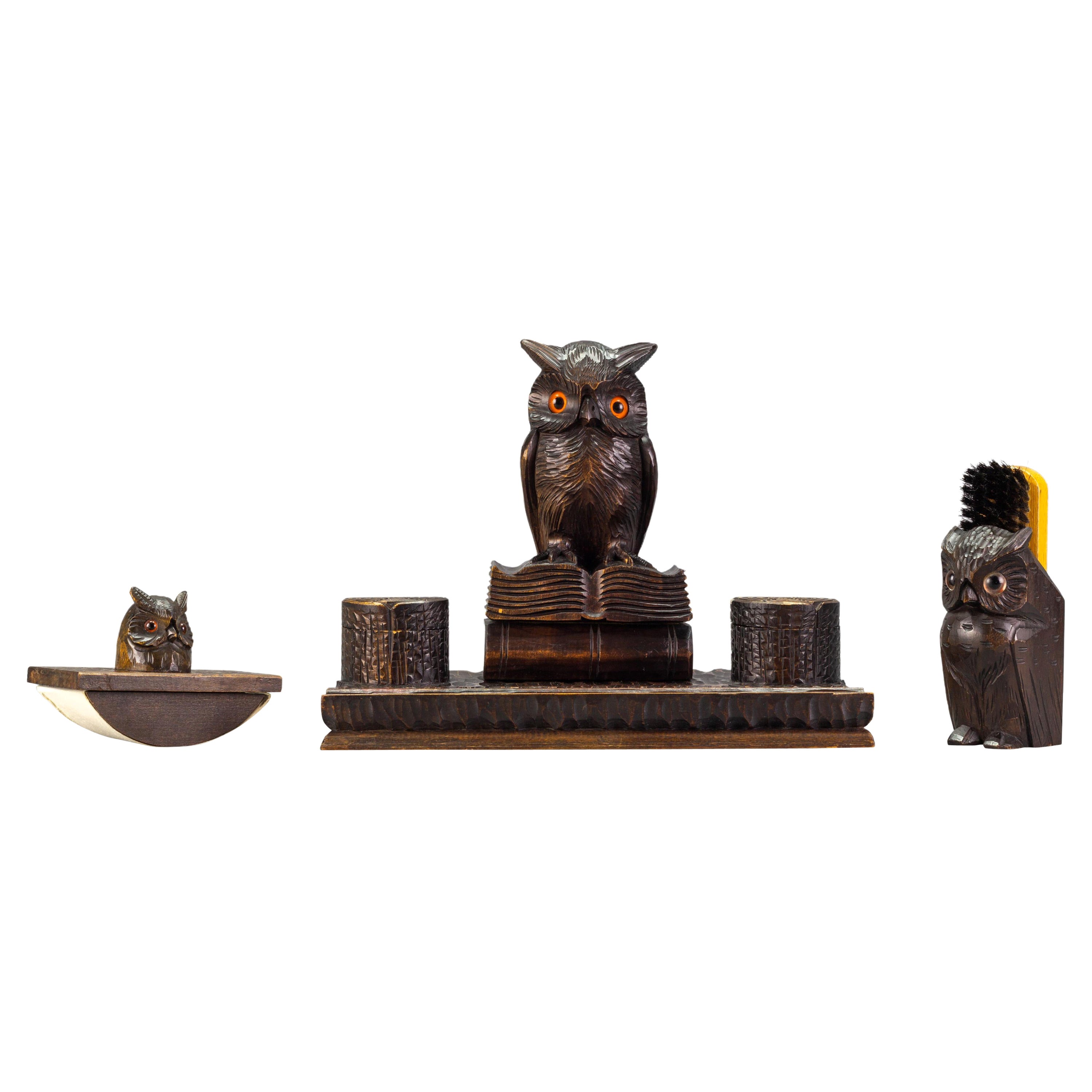 Hand-Carved Wooden Inkwell Desk Set with Owl Figures, 1930s For Sale