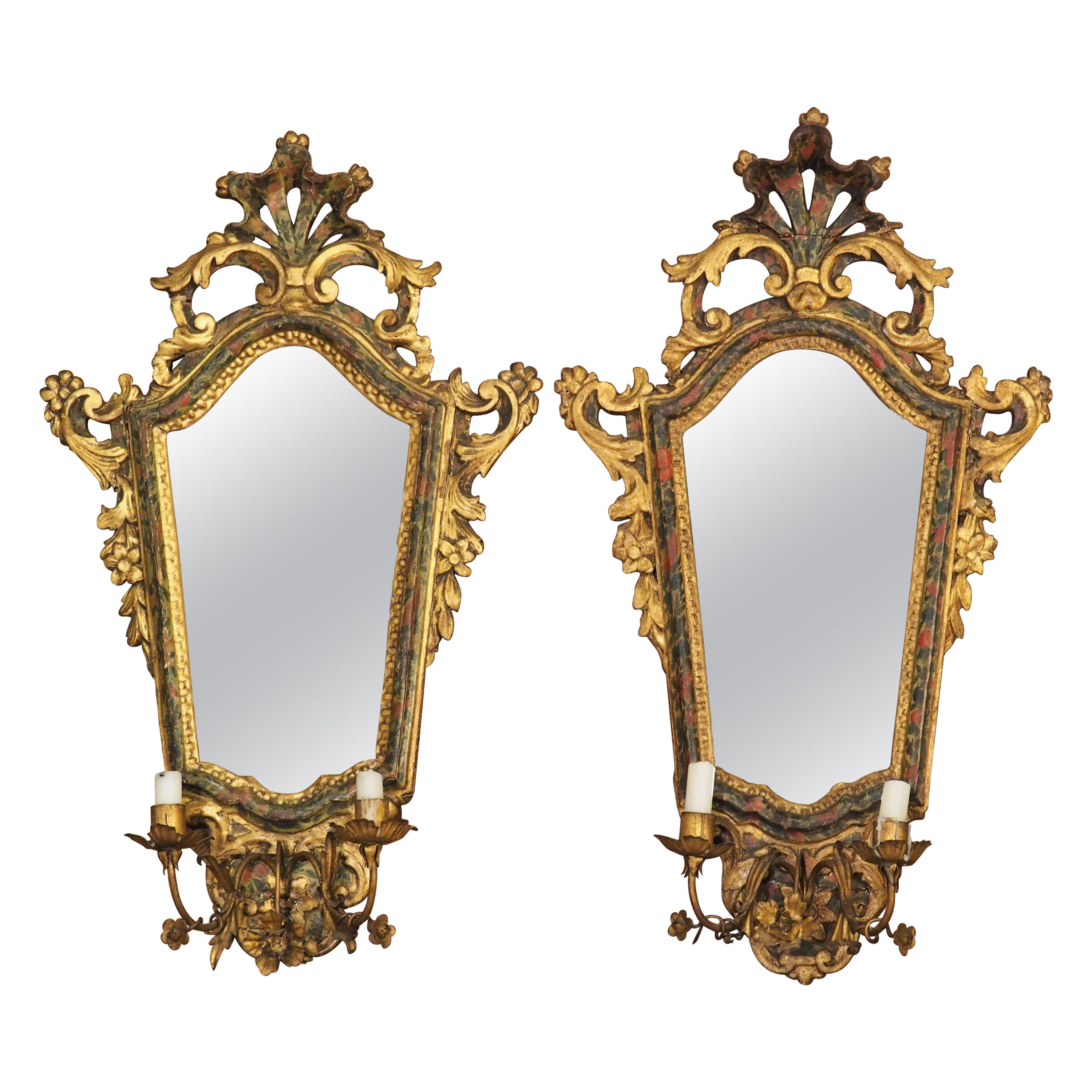 Pair of Early 18th Century Polychrome Venetian Mirrored Sconces