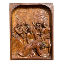 Antique Hand Carved Oak Wall Panel Depicting Christ Falling For 3rd Time Station