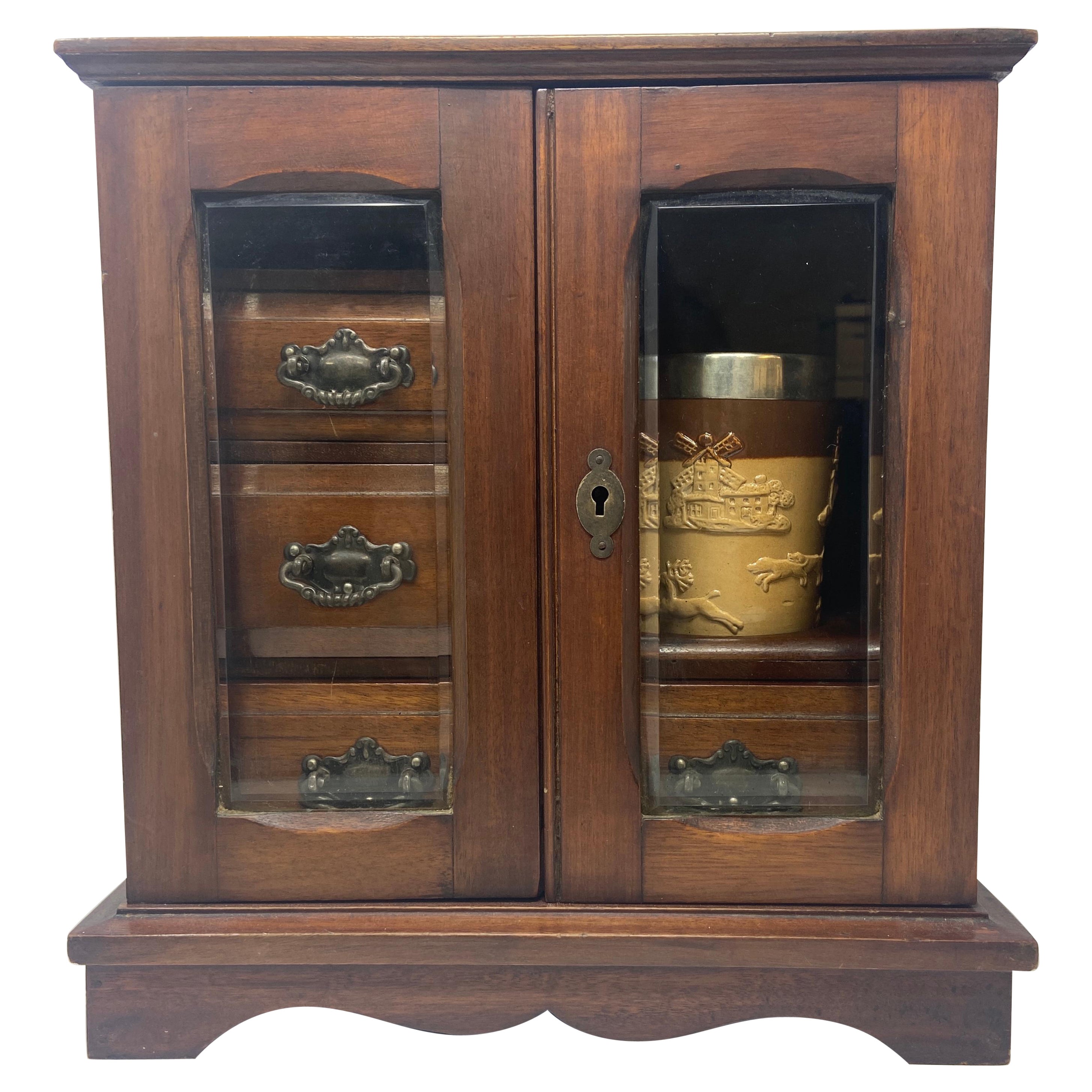 Antique English Mahogany and Beveled Glass Gentleman's Smoking Box, Circa 1900