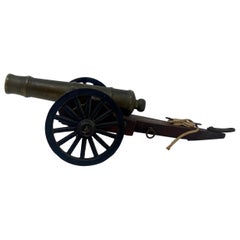 Estate Solid Bronze Top Miniature Model Military Cannon on a Wooden Carrier