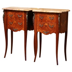 Pair of Midcentury Louis XV Marquetry Inlaid Nightstands with Beige Marble Top