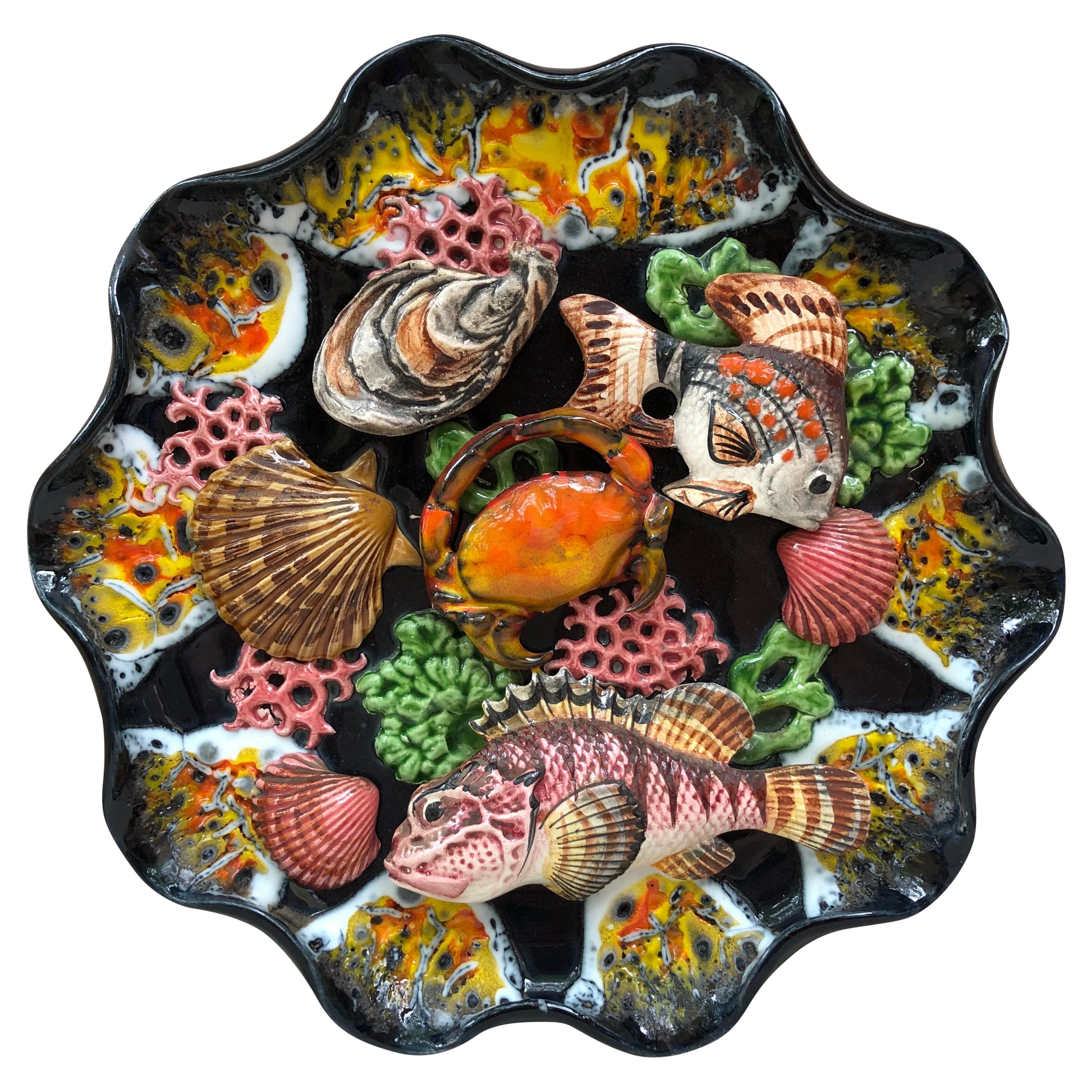 Majolica Fish Sealife Platter Vallauris, circa 1950