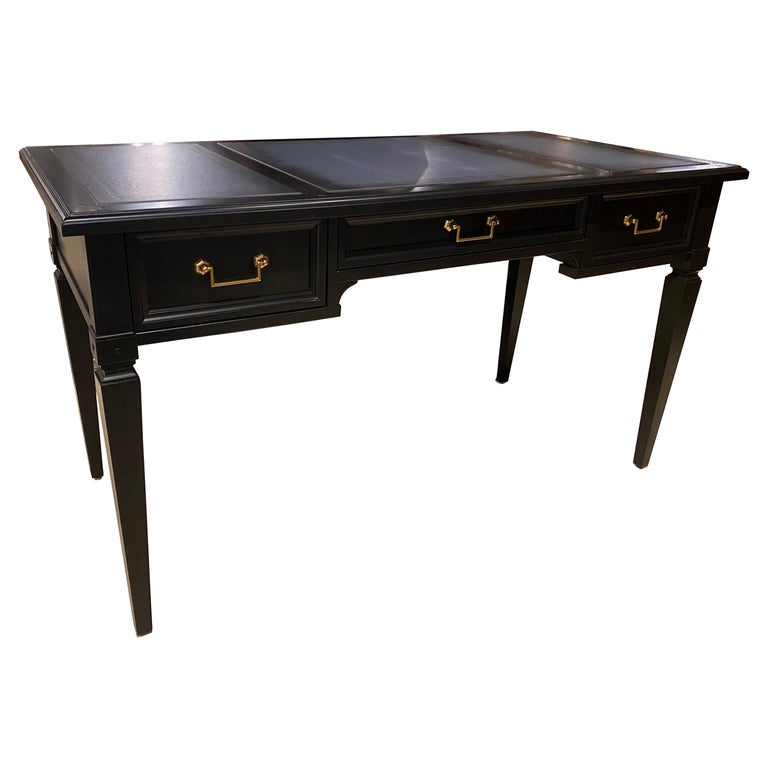 Desk French Style Writing Desk, Black Lacquer with Grey Leather Writing