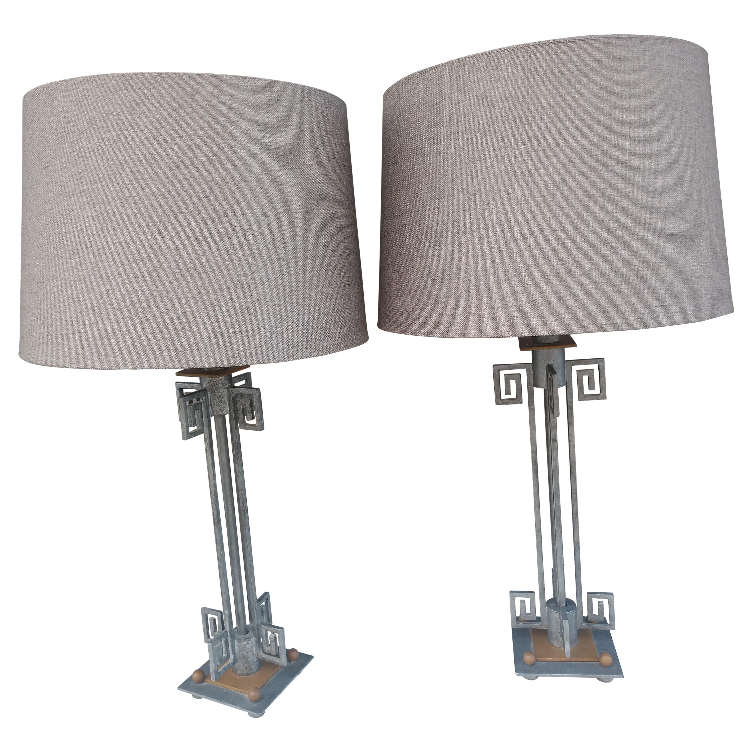 Mid Century Modern Pair Of Table Lamps, Silver Greek Key Table Lamp