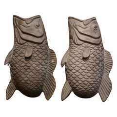 Antique Pair of 19th Century French Carved Verdigris Patinated Bronze Fish-Form Vases